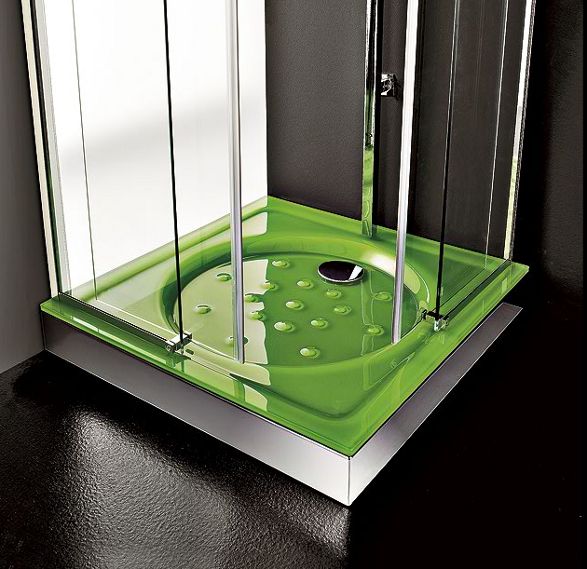 green glass round shower tray