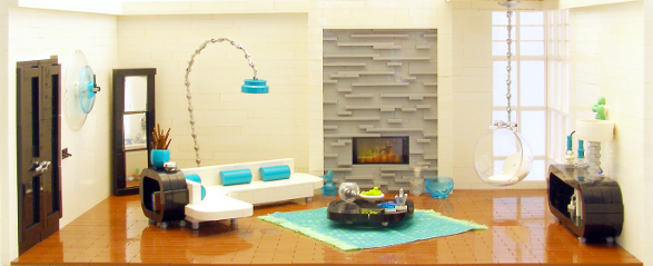 modern living room made of lego bricks