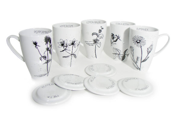 herbal collection of tea mugs black and white by agnieszka dybowska