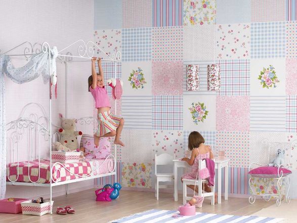 patchwork wallpaper for girls room