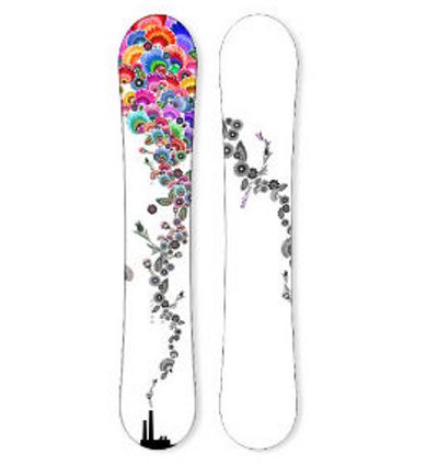 white snowboard inspired by folk and city